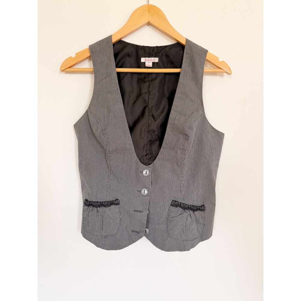 Y2K 90s Xhilaration Grey Pinstripe Vest Lace Trim‎ Button Front Waistcoat Size L